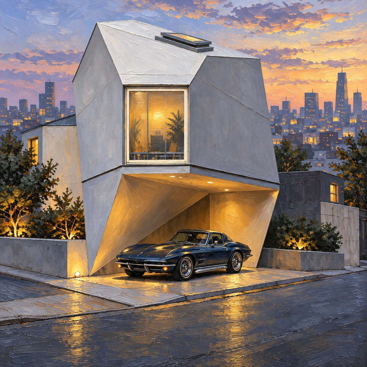 dusk house with a classic car, composition