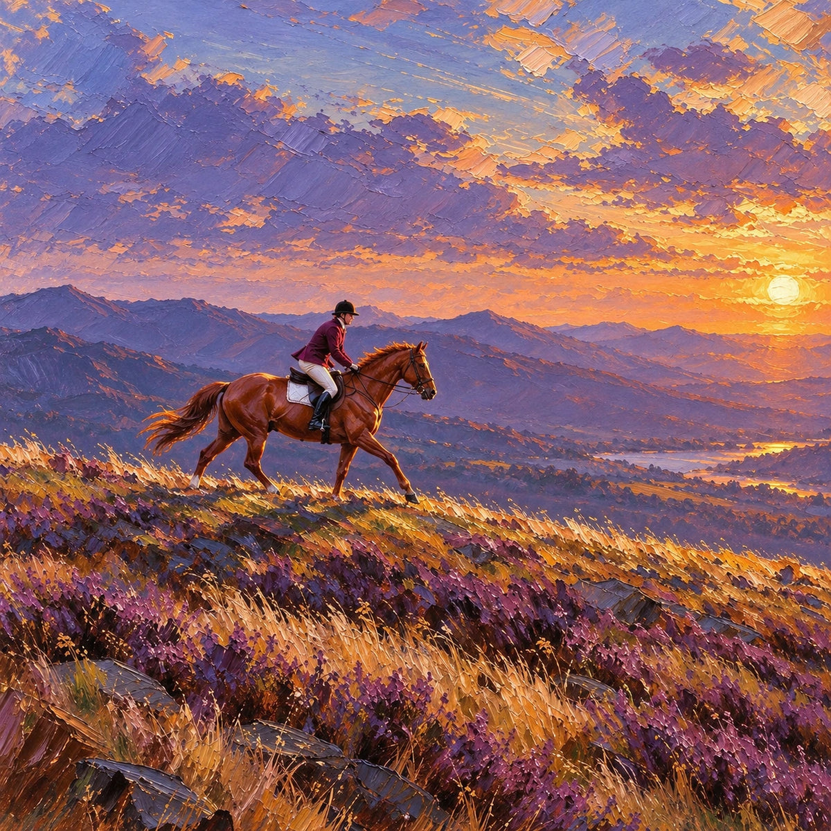 riders beneath a violet sunset, composition