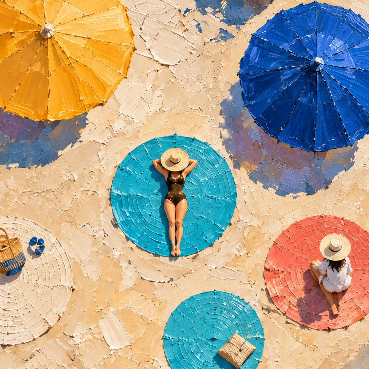 beach umbrellas and breaking waves, composition