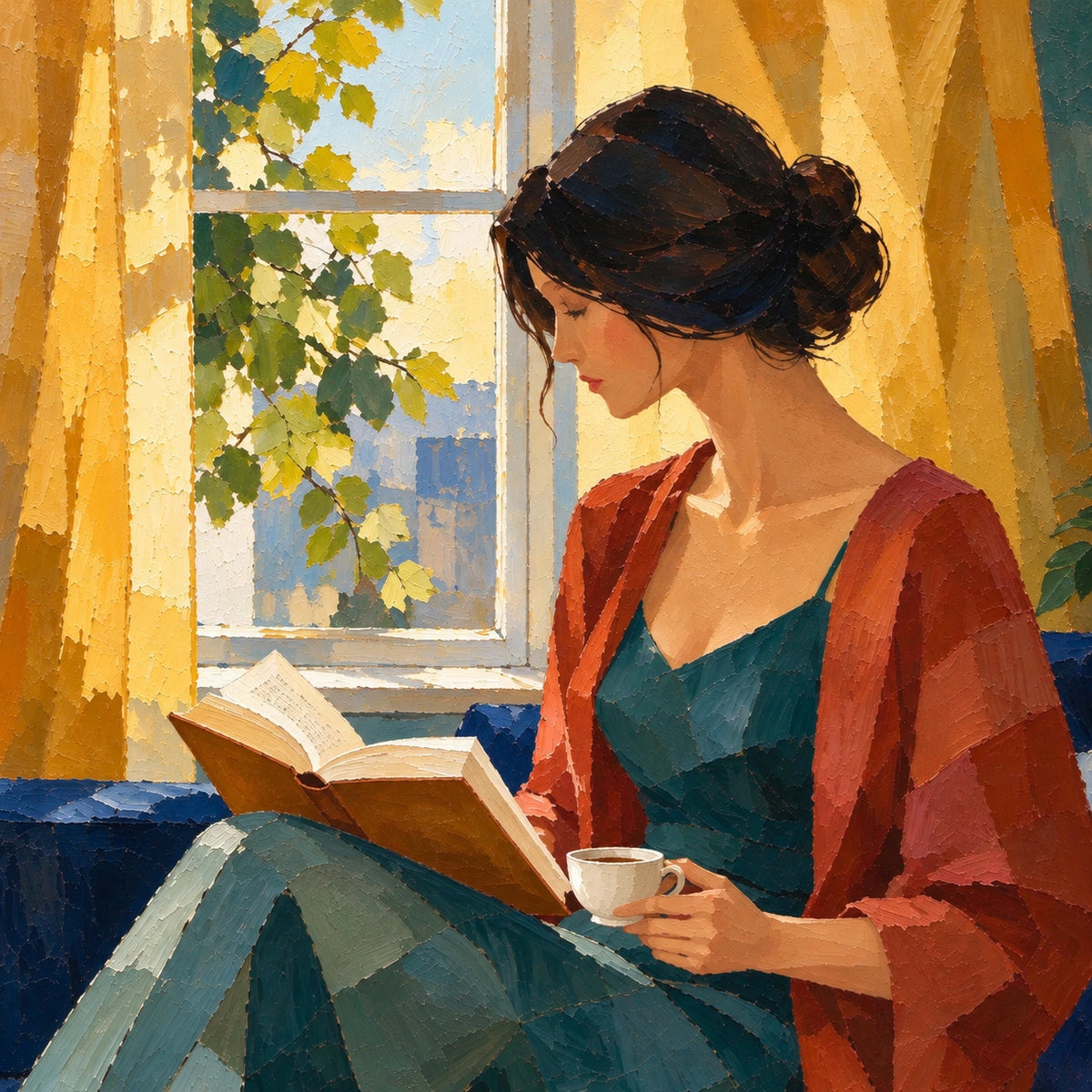 reading by the sunlit window, composition