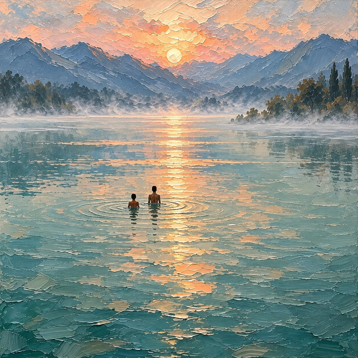 misty mountain lake, composition