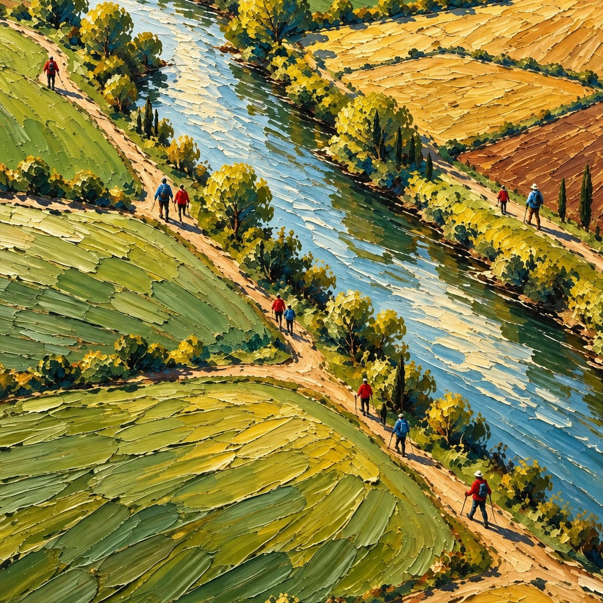 river through open fields, composition
