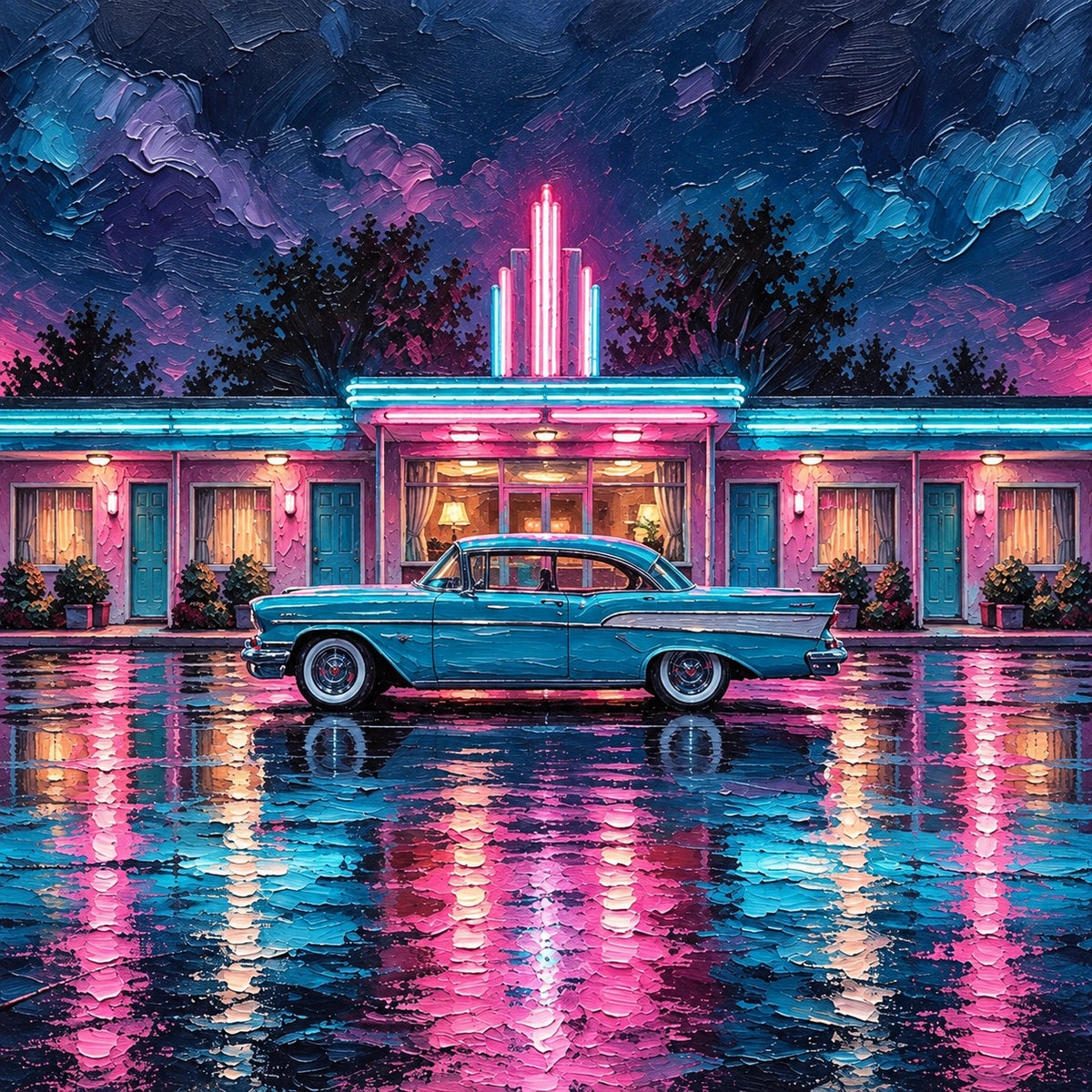 neon motel after rain, composition