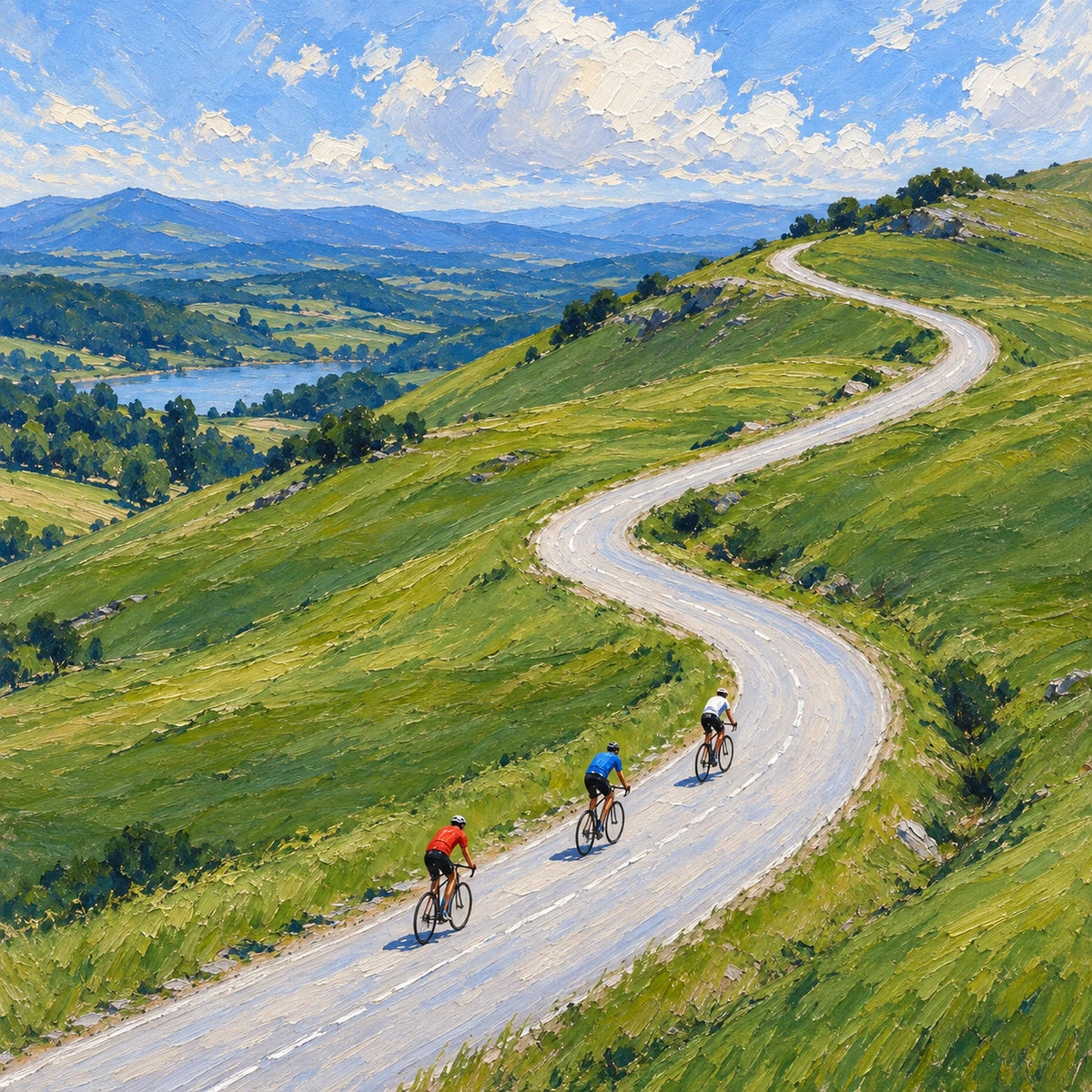 cyclists on the highland road, composition