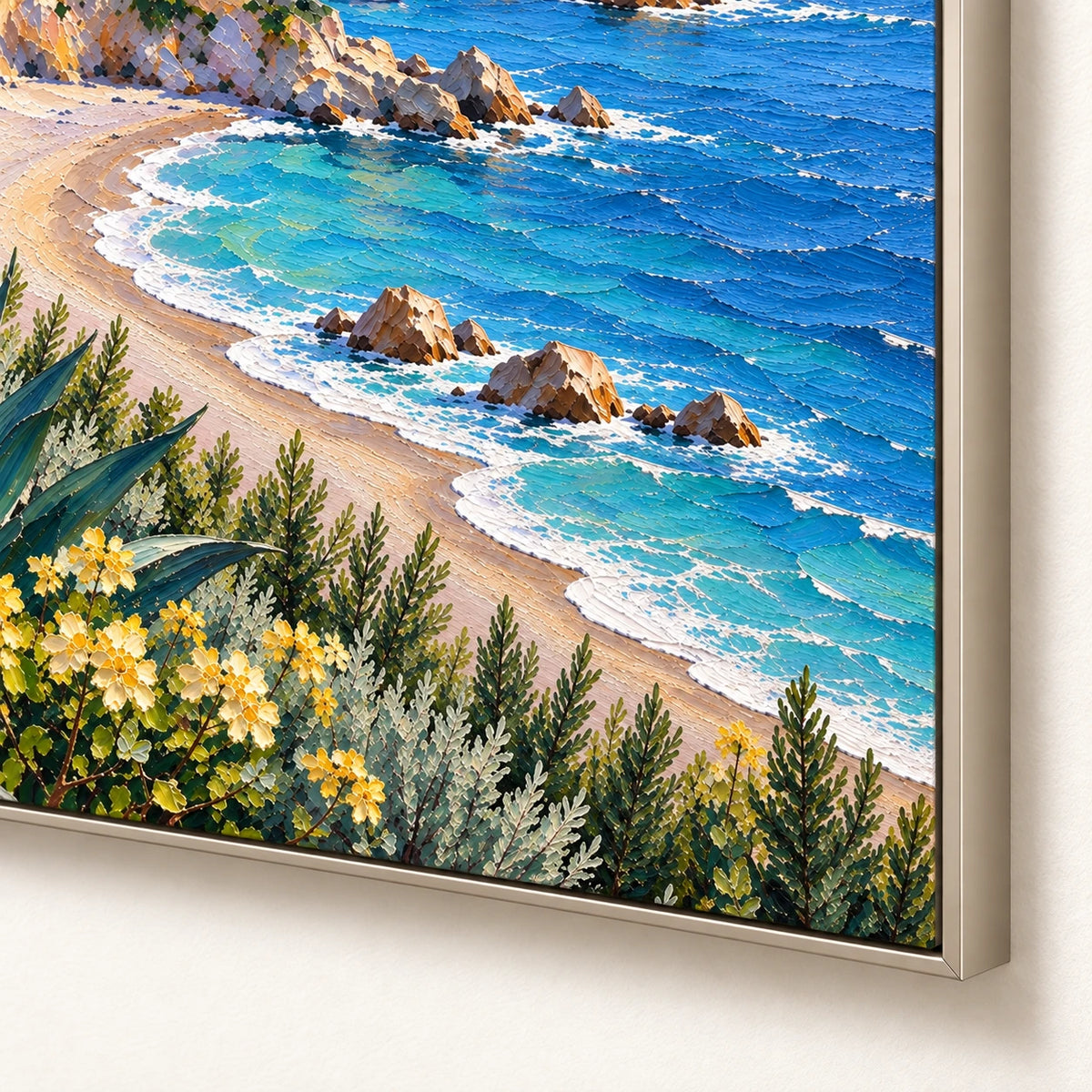 coastal village by the blue sea, frame detail