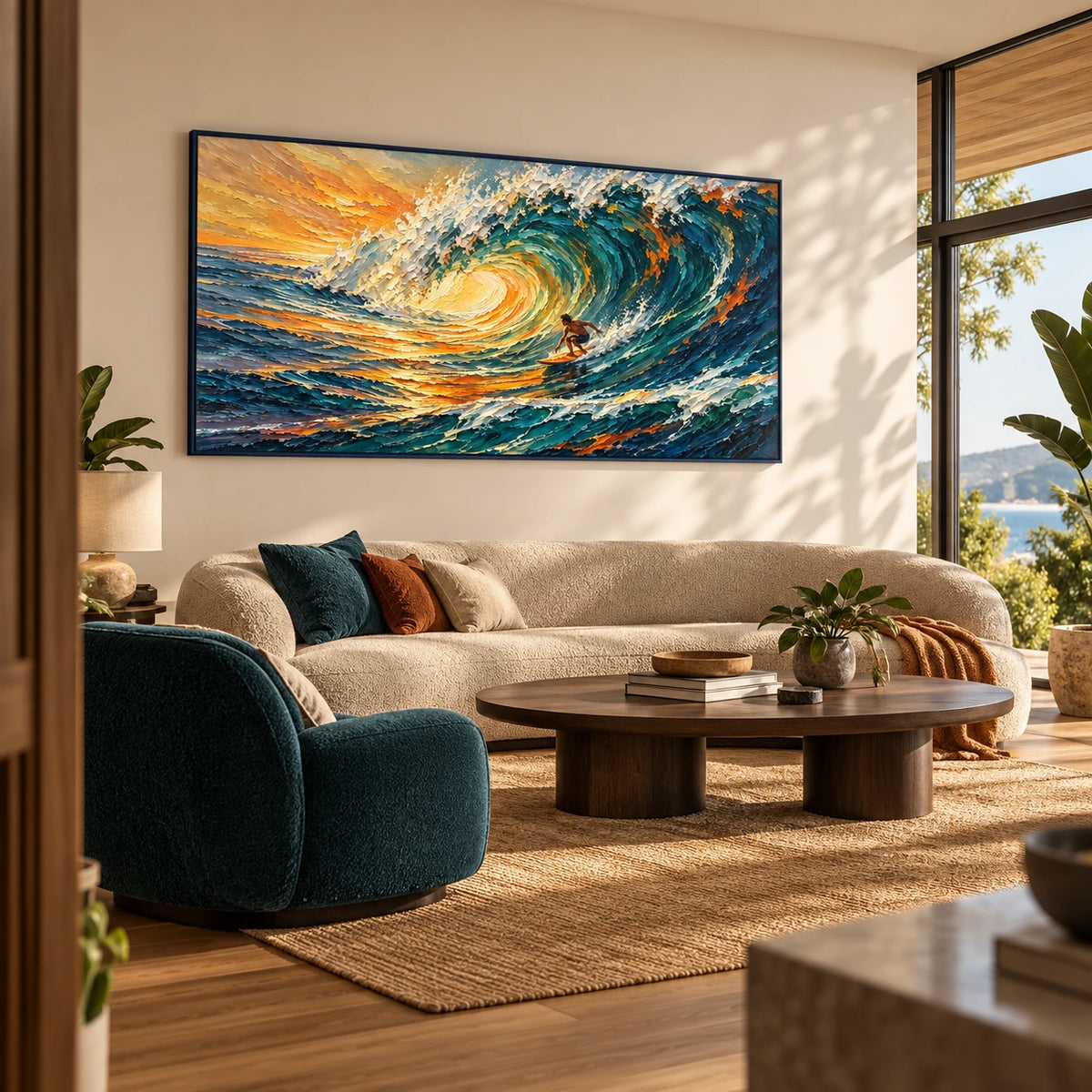 sunset wave surfer displayed in a living room