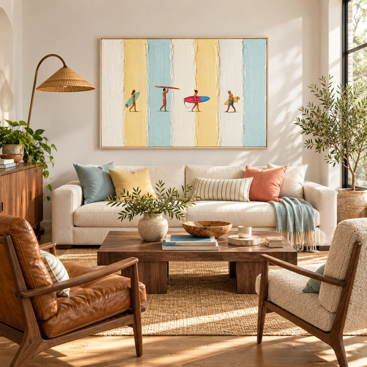 pastel surfboard parade displayed in a living room