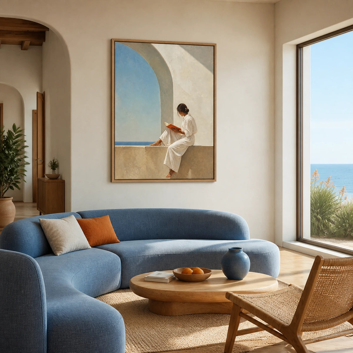 pages by the sea displayed in a coastal living room