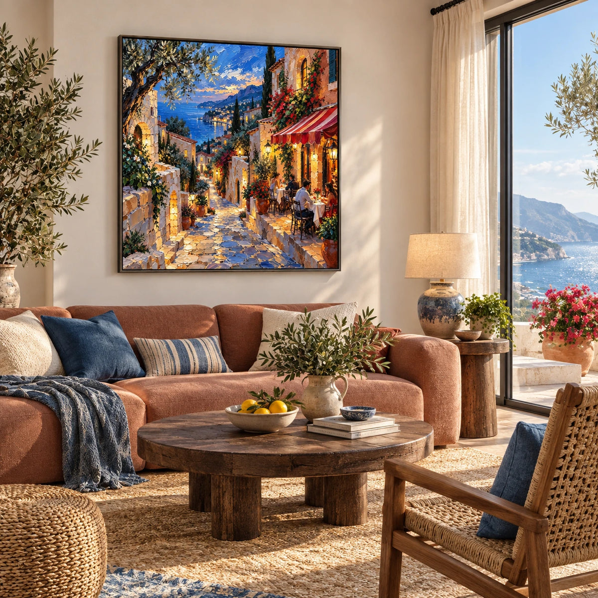 lanterns above the azure bay displayed in a coastal living room