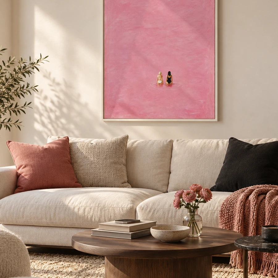 pink water friends displayed in a apartment living room
