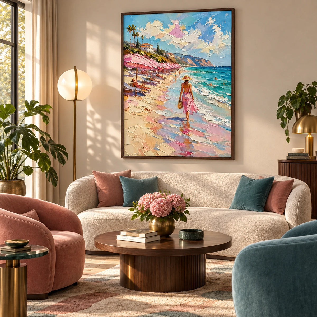 pink umbrellas by the sea displayed in a living room