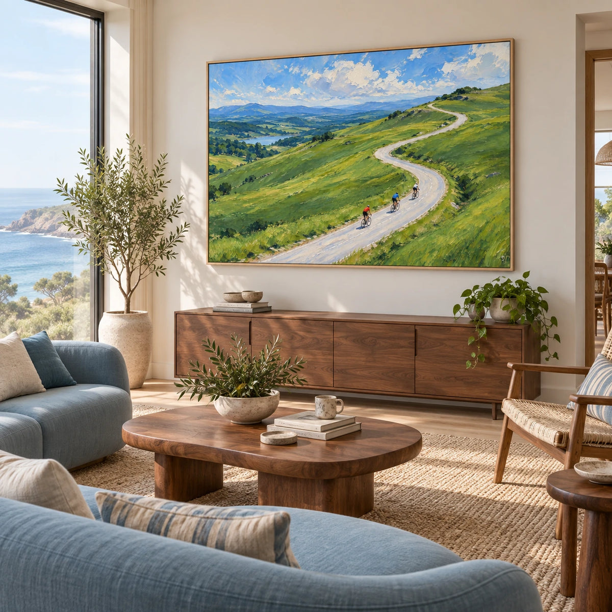 cyclists on the highland road displayed in a coastal living room