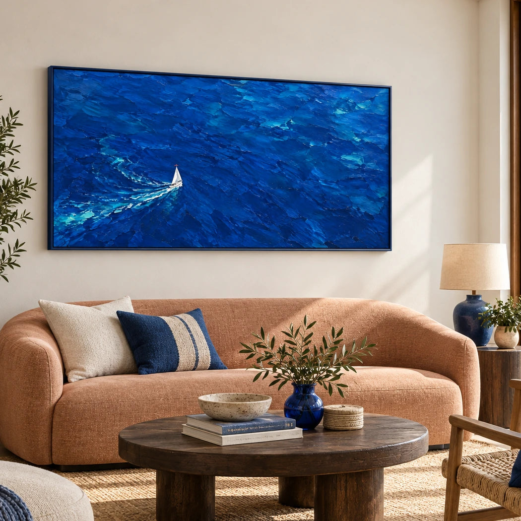sail into blue displayed in a coastal living room