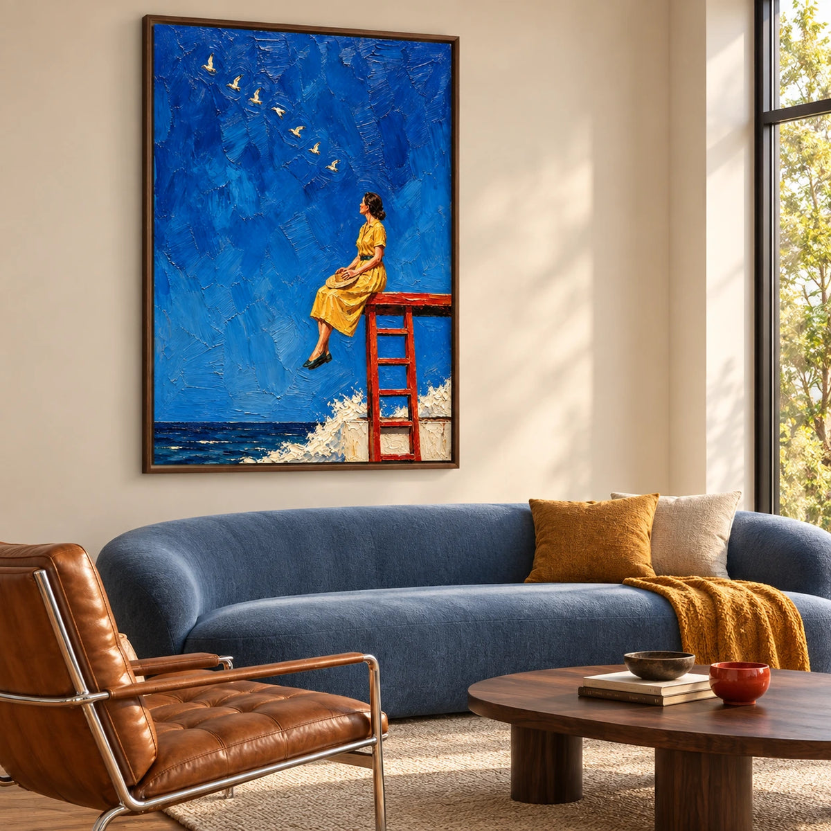 seabirds above the pier displayed in a living room