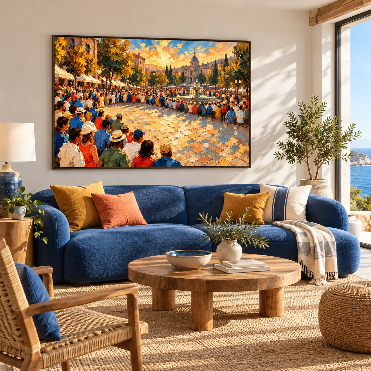 sunlit piazza gathering displayed in a coastal living room