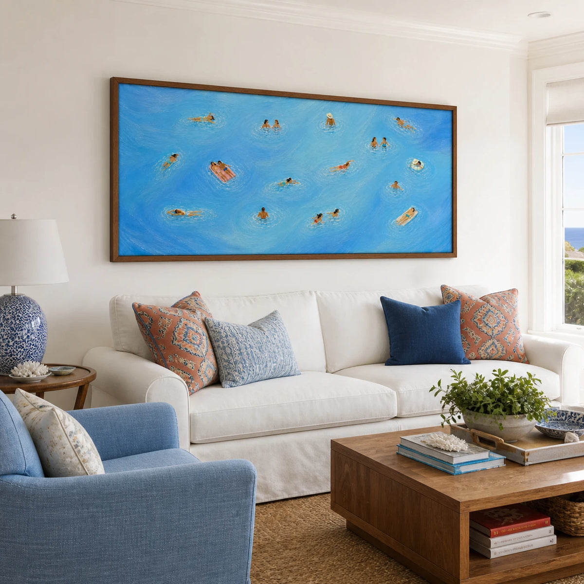blue hours afloat displayed in a living room