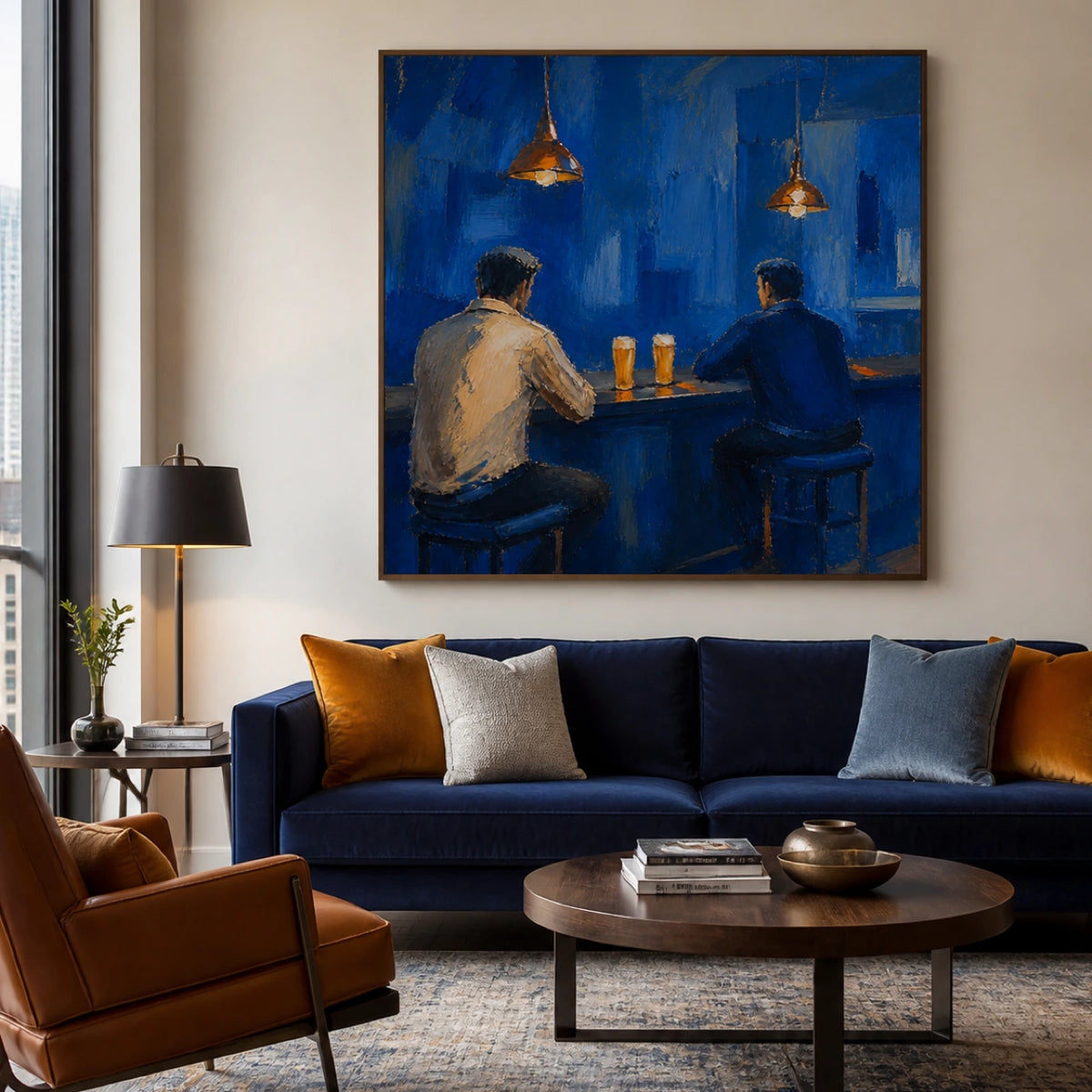 two pints at blue hour displayed in a living room