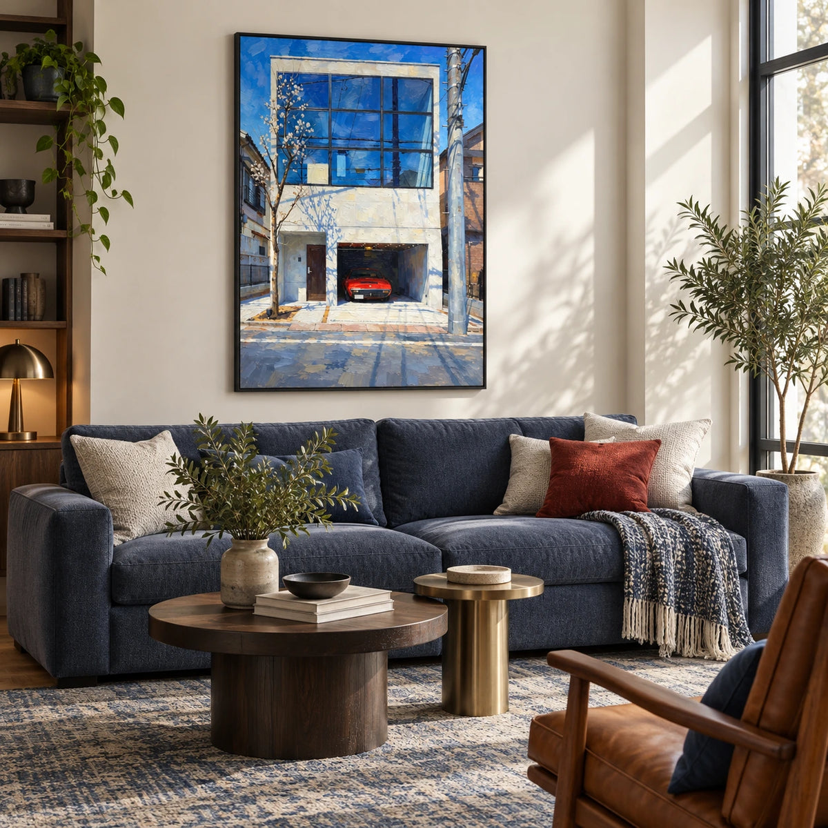 window in the blue city displayed in a living room