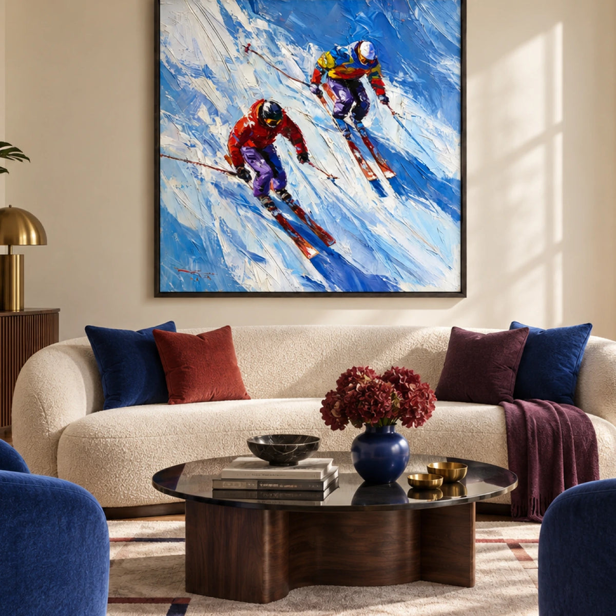 downhill skiers displayed in a art deco living room