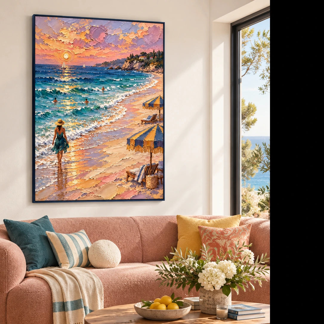 a walk along the sunset shore displayed in a coastal living room