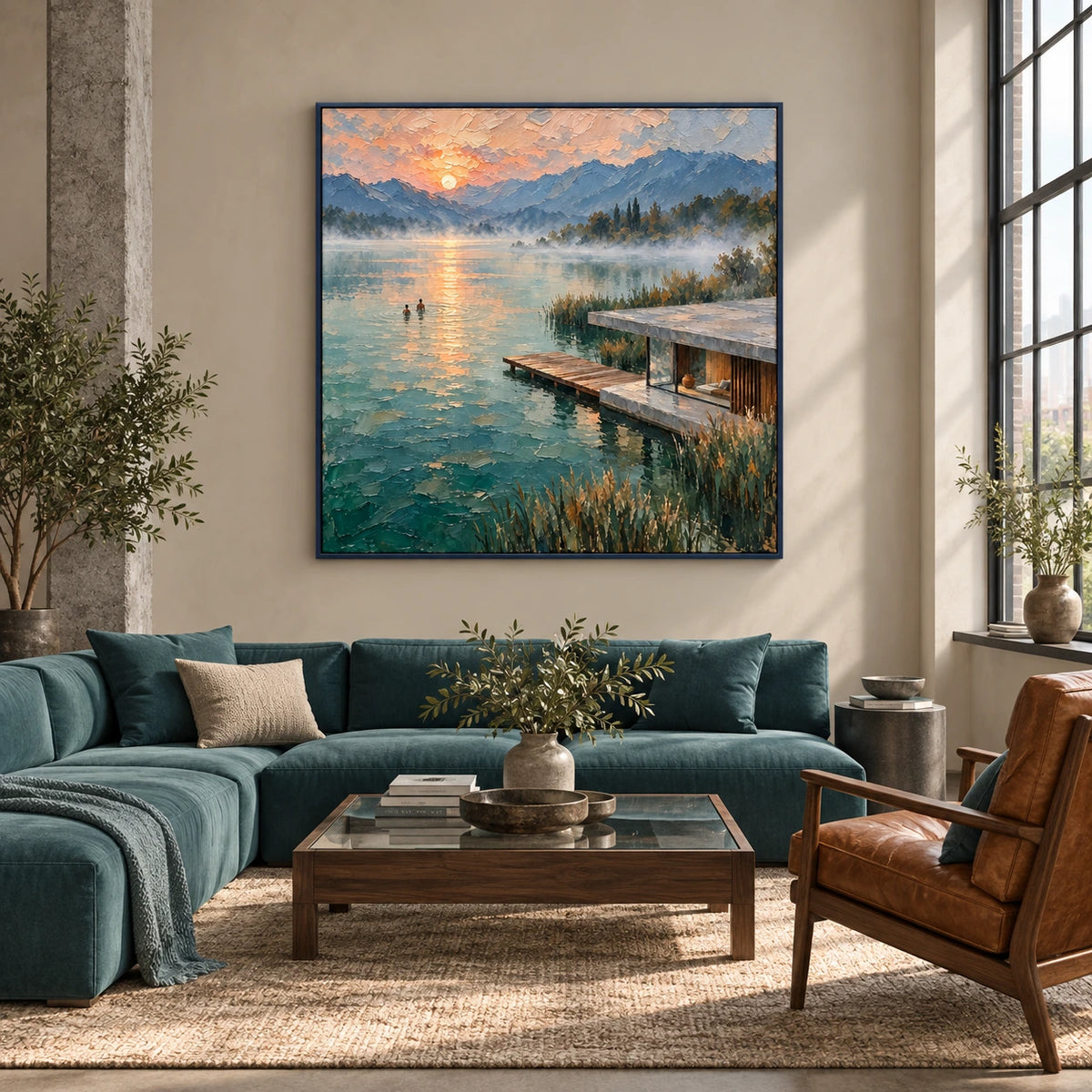 misty mountain lake displayed in a urban loft living room