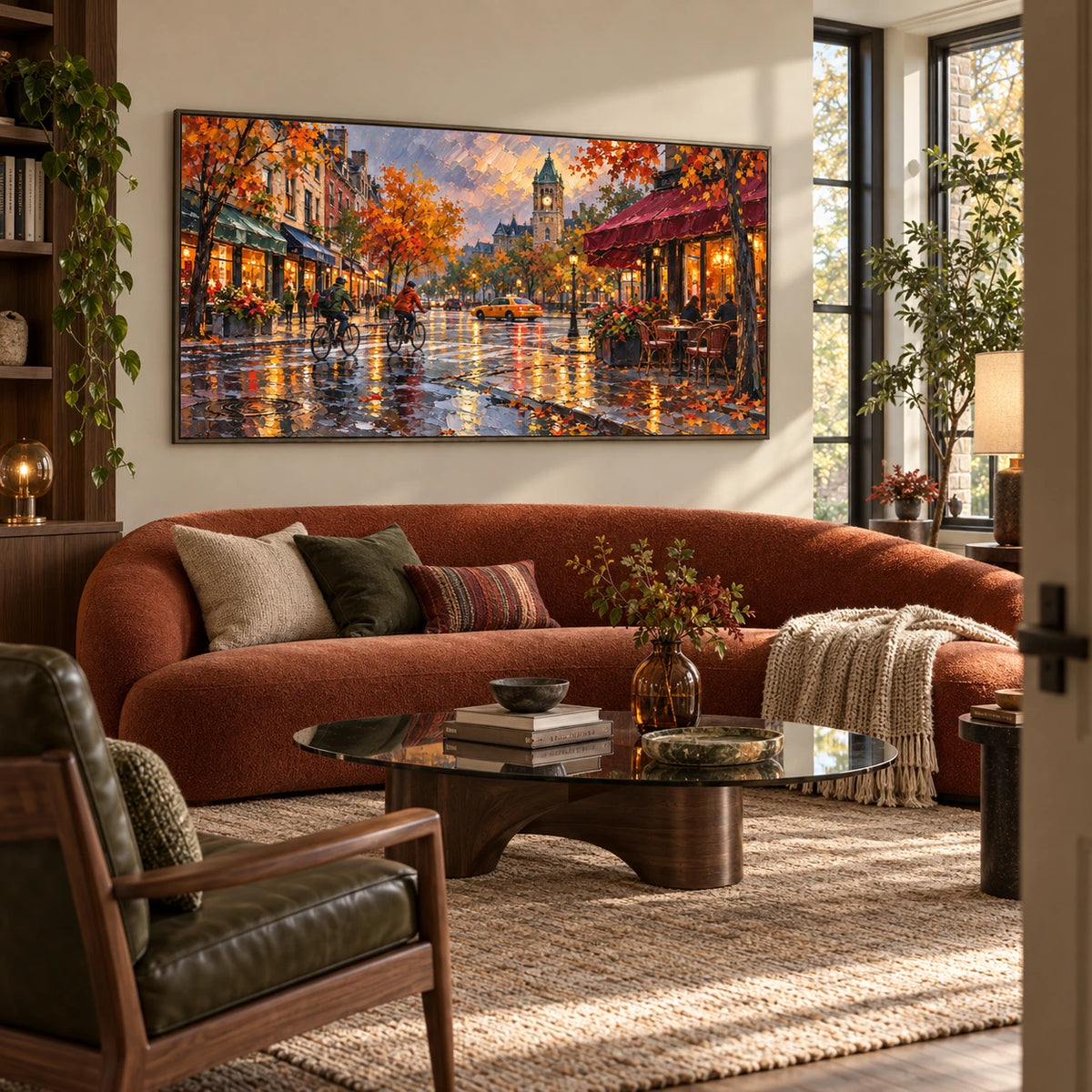 autumn streets after rain displayed in a warm contemporary living room