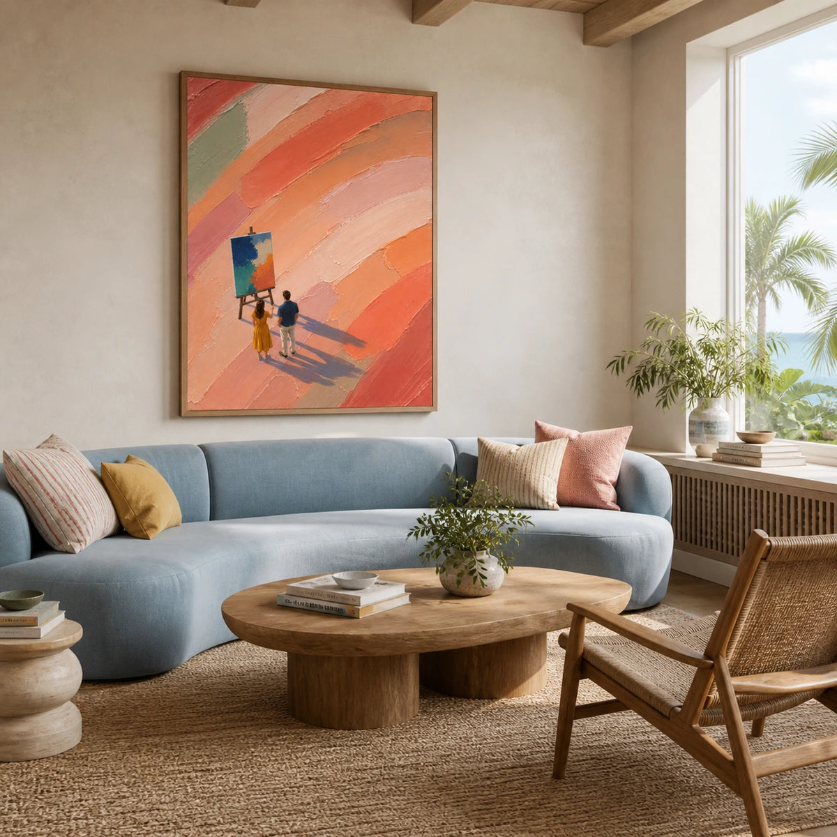 a world in color displayed in a organic modern living room