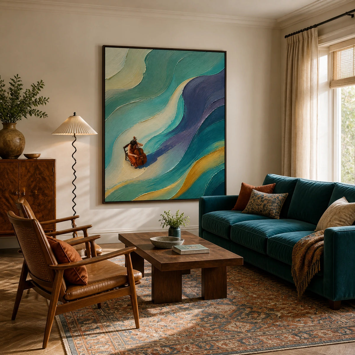 cellist in the current displayed in a living room