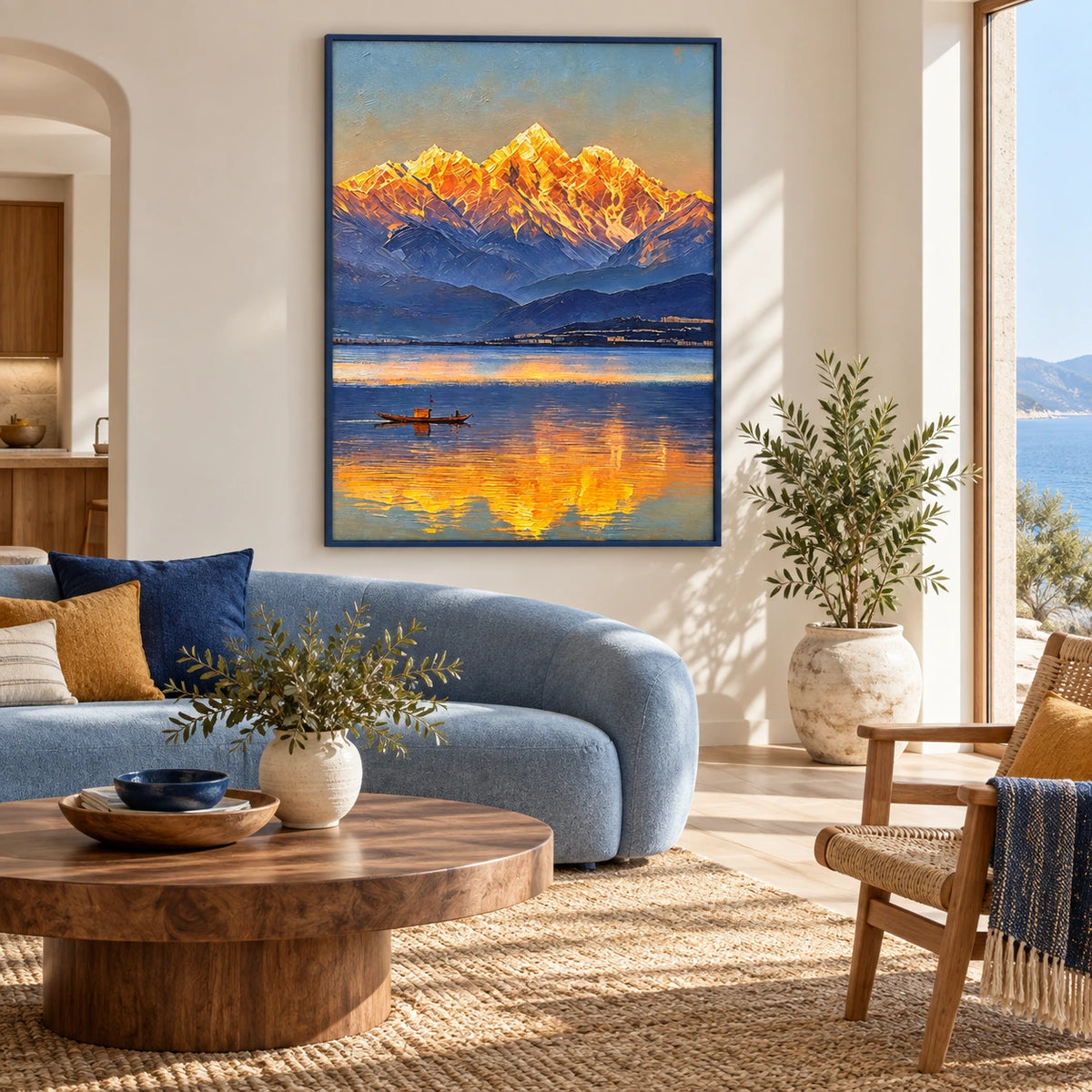 golden mountain reflection displayed in a coastal living room