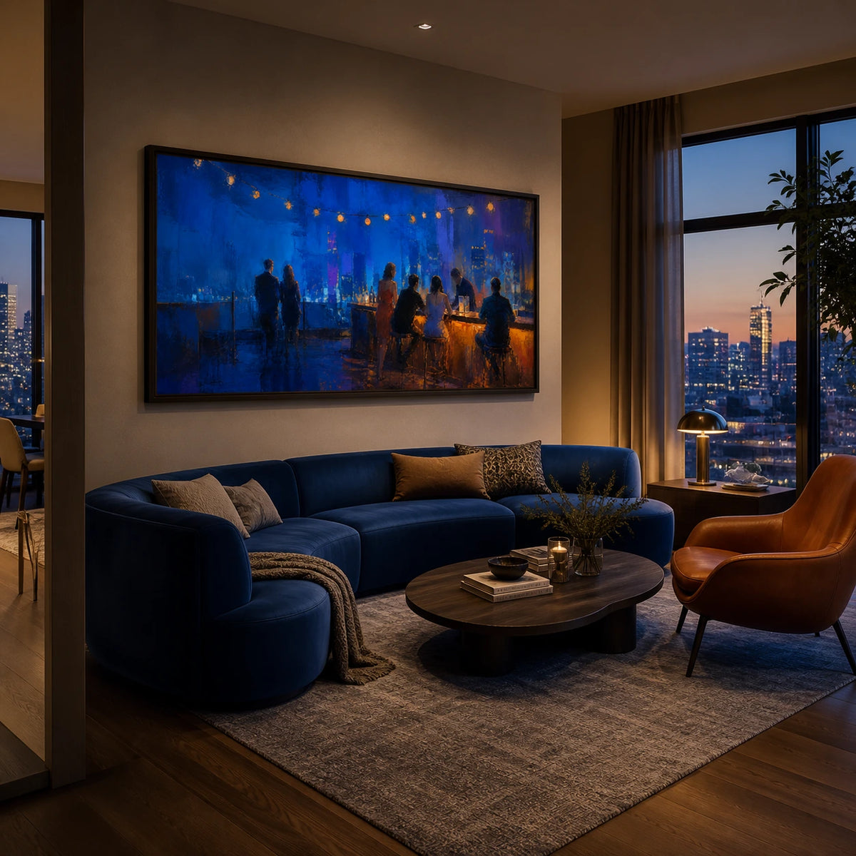 blue hour rooftop displayed in a living room