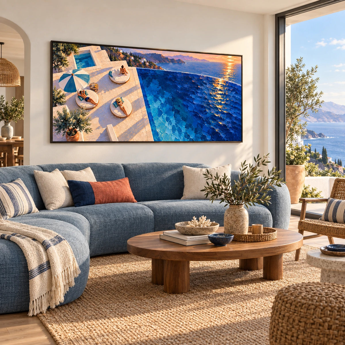 sunlit terrace above the sea displayed in a coastal living room