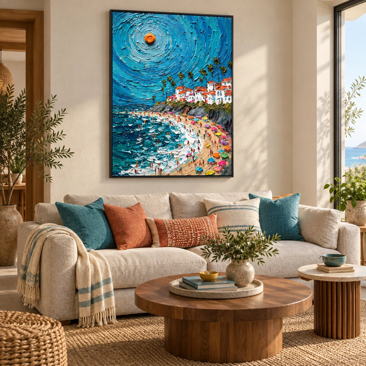 golden hour coastline displayed in a living room