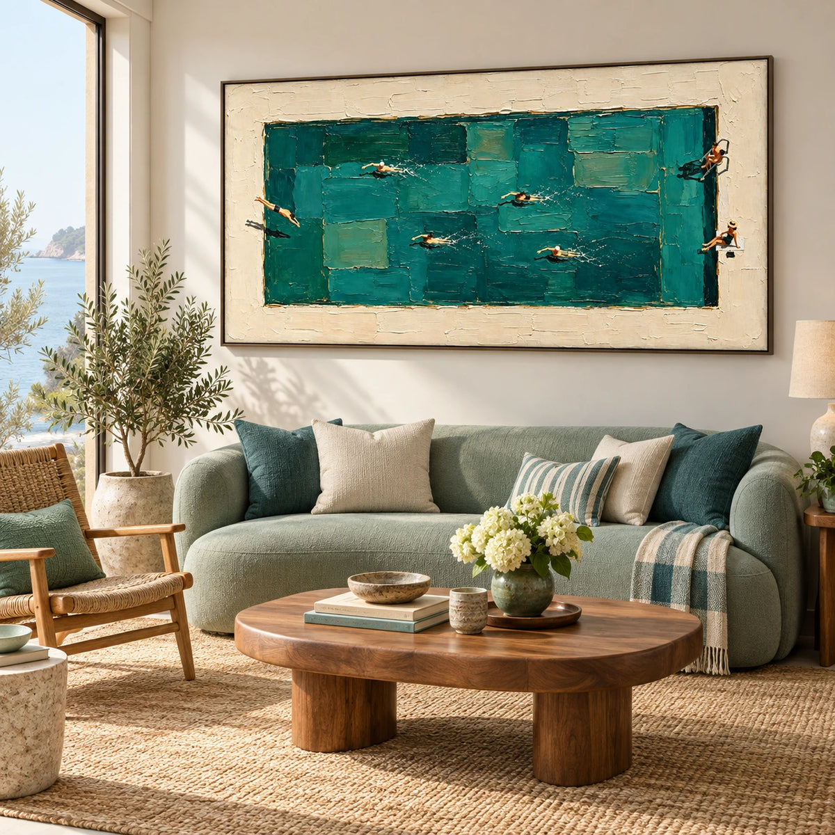 poolside laps displayed in a coastal living room