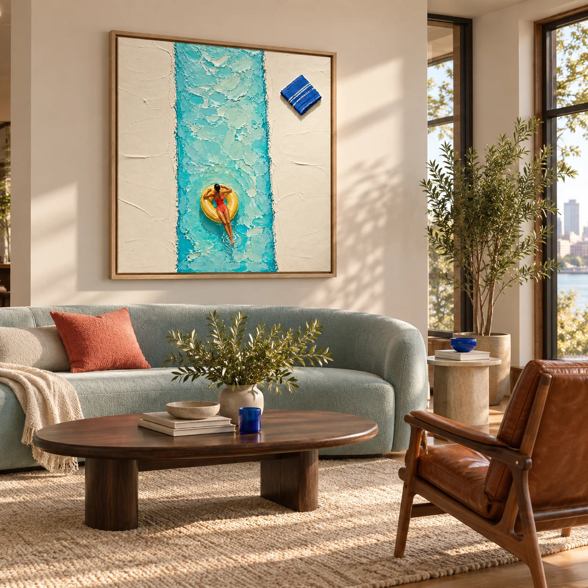 poolside float displayed in a living room