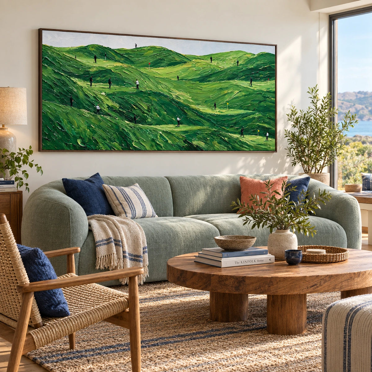 rolling green golf course displayed in a coastal living room