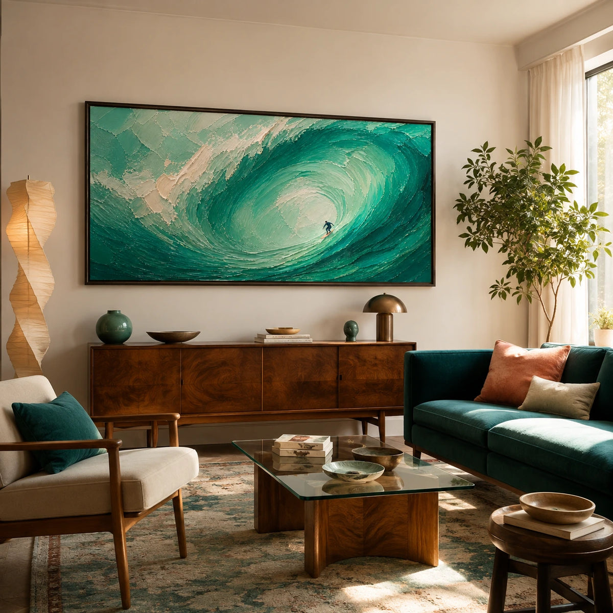 inside the green wave displayed in a family living room