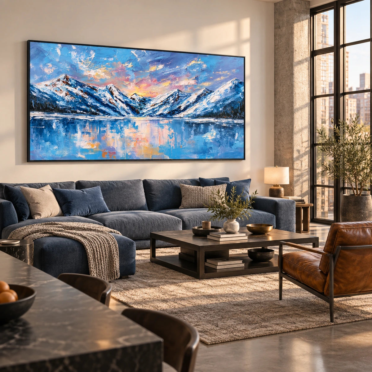 alpine lake at first light displayed in a creative urban loft living room