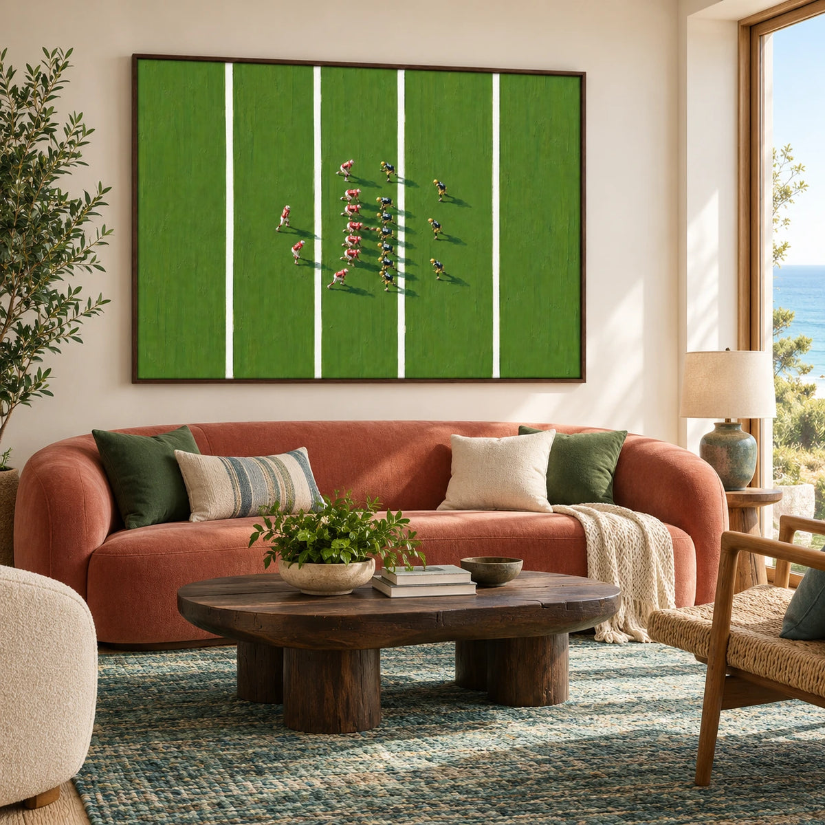 green field formation displayed in a coastal living room