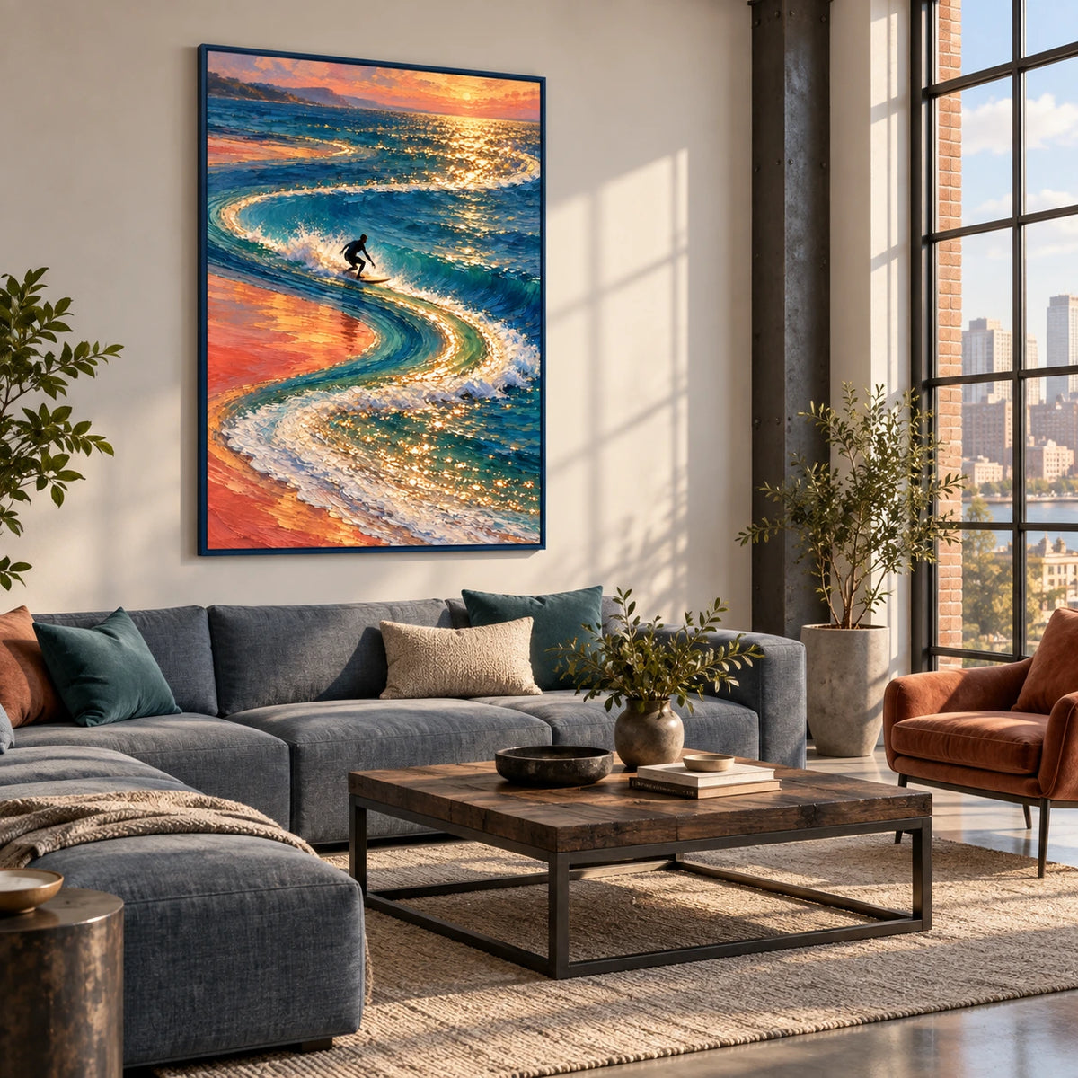 golden break at sunset displayed in a creative urban living room