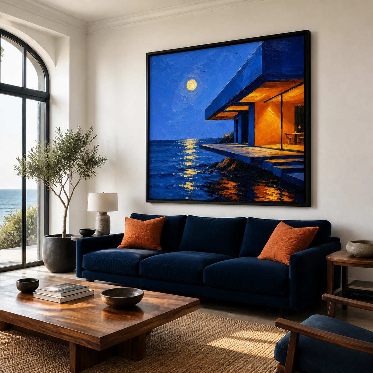 moonlit coastal hideaway displayed in a coastal living room