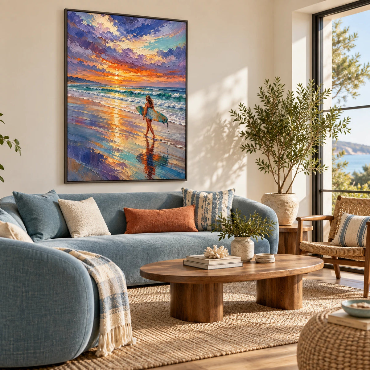 surfboard at sunset displayed in a organic coastal living room