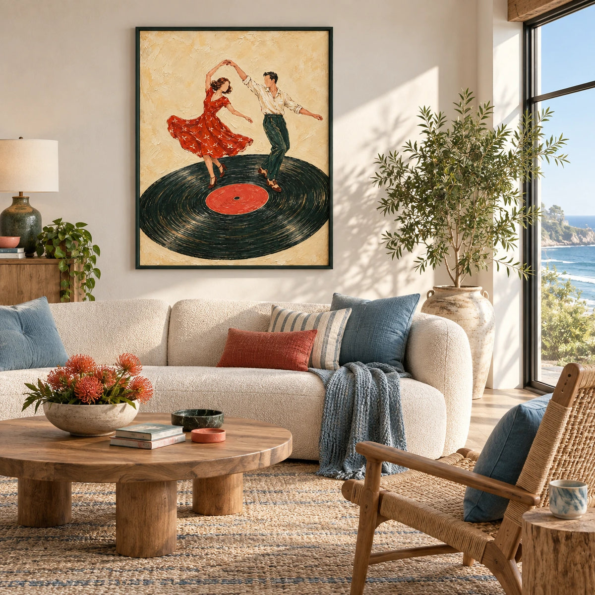 dancing on a record displayed in a living room