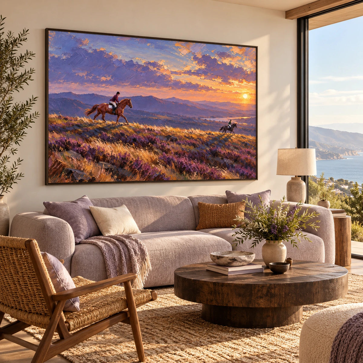riders beneath a violet sunset displayed in a coastal living room