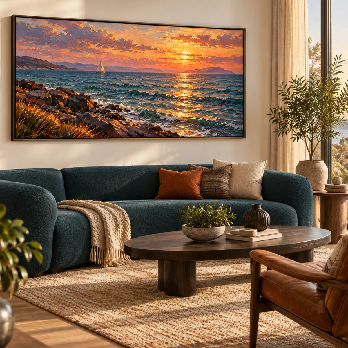 sunlit coastal voyage displayed in a living room