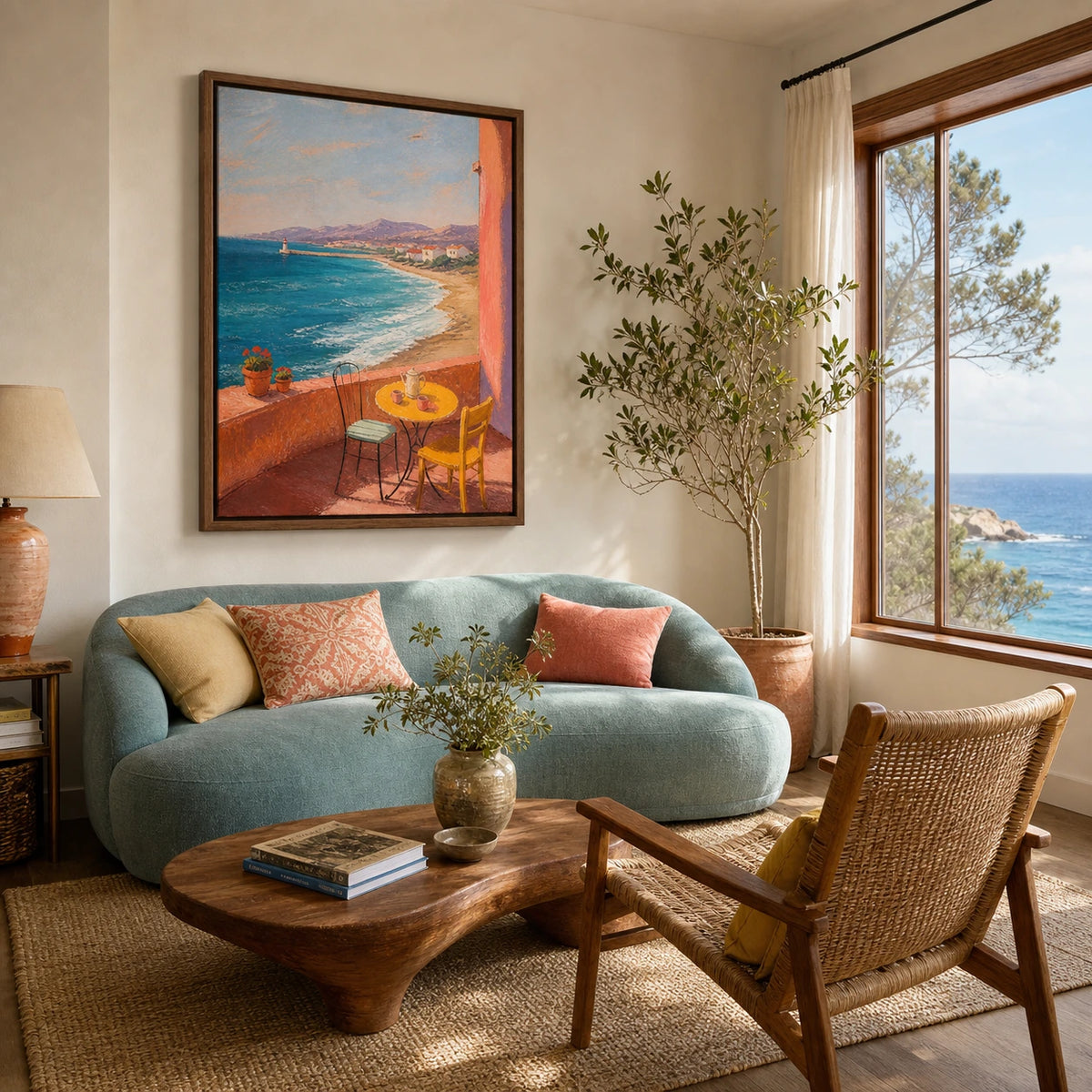 morning by the blue bay displayed in a coastal living room