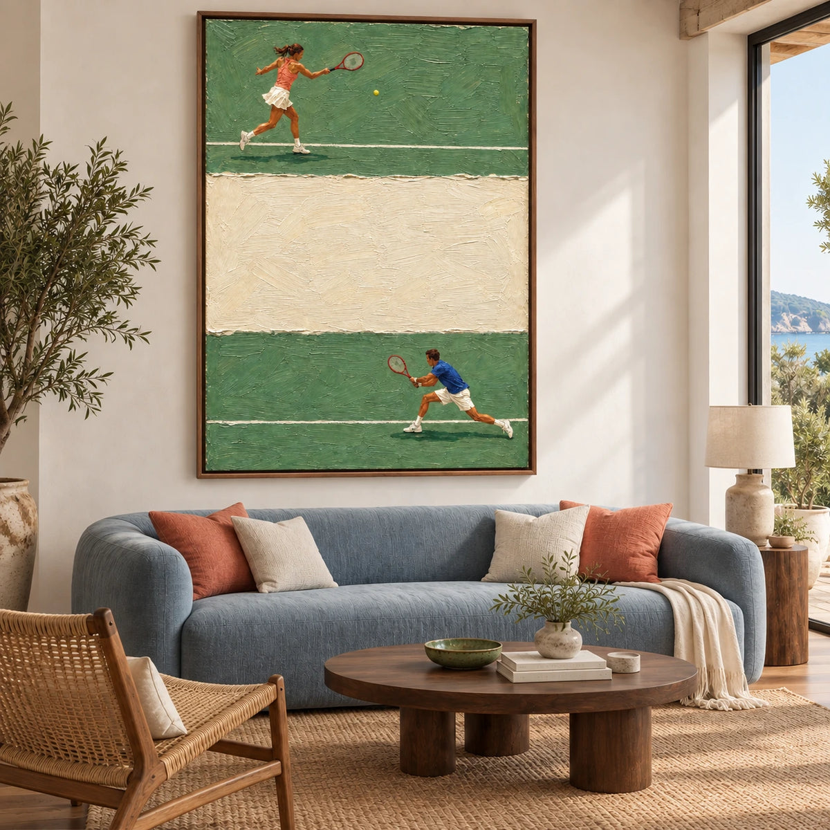 tennis court duel displayed in a living room