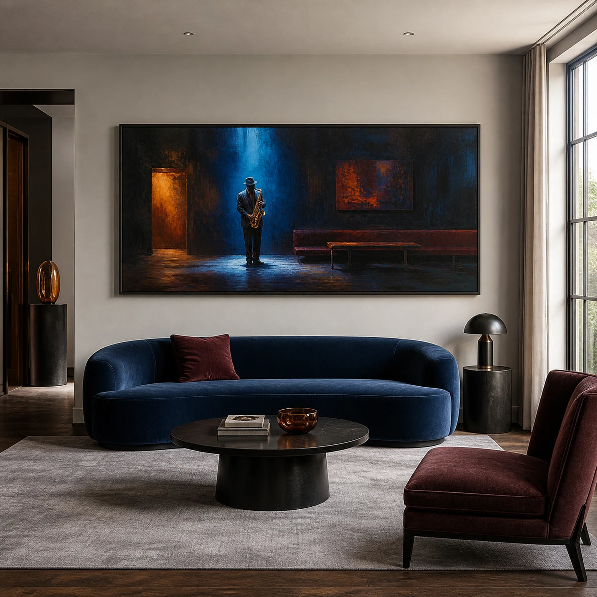 midnight blue solo displayed in a living room
