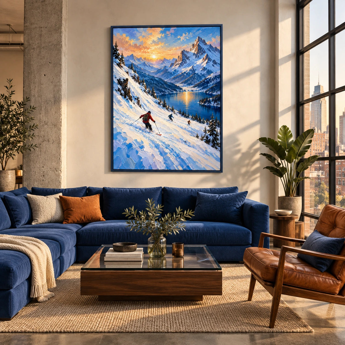 alpine lake descent displayed in a creative urban loft living room