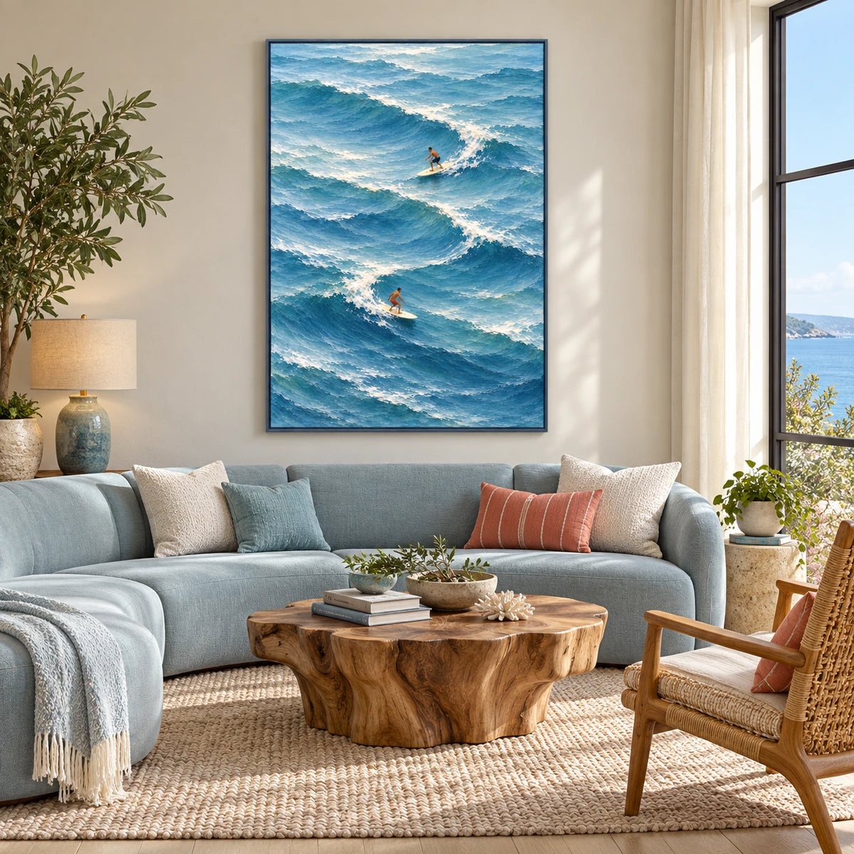 surfing through blue waves displayed in a coastal living room