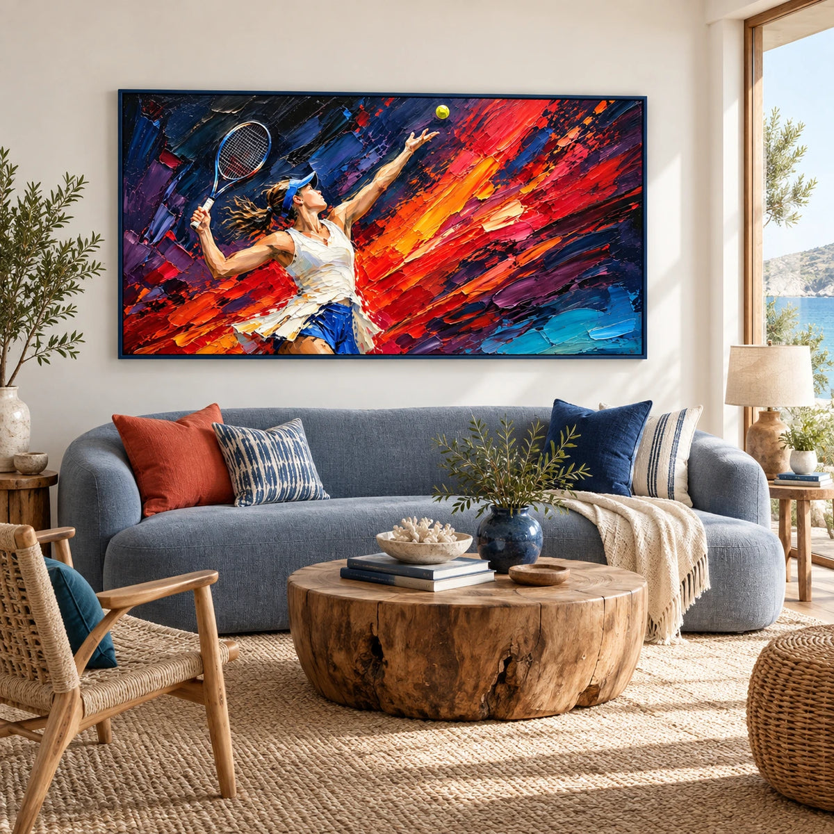 tennis in motion displayed in a coastal living room